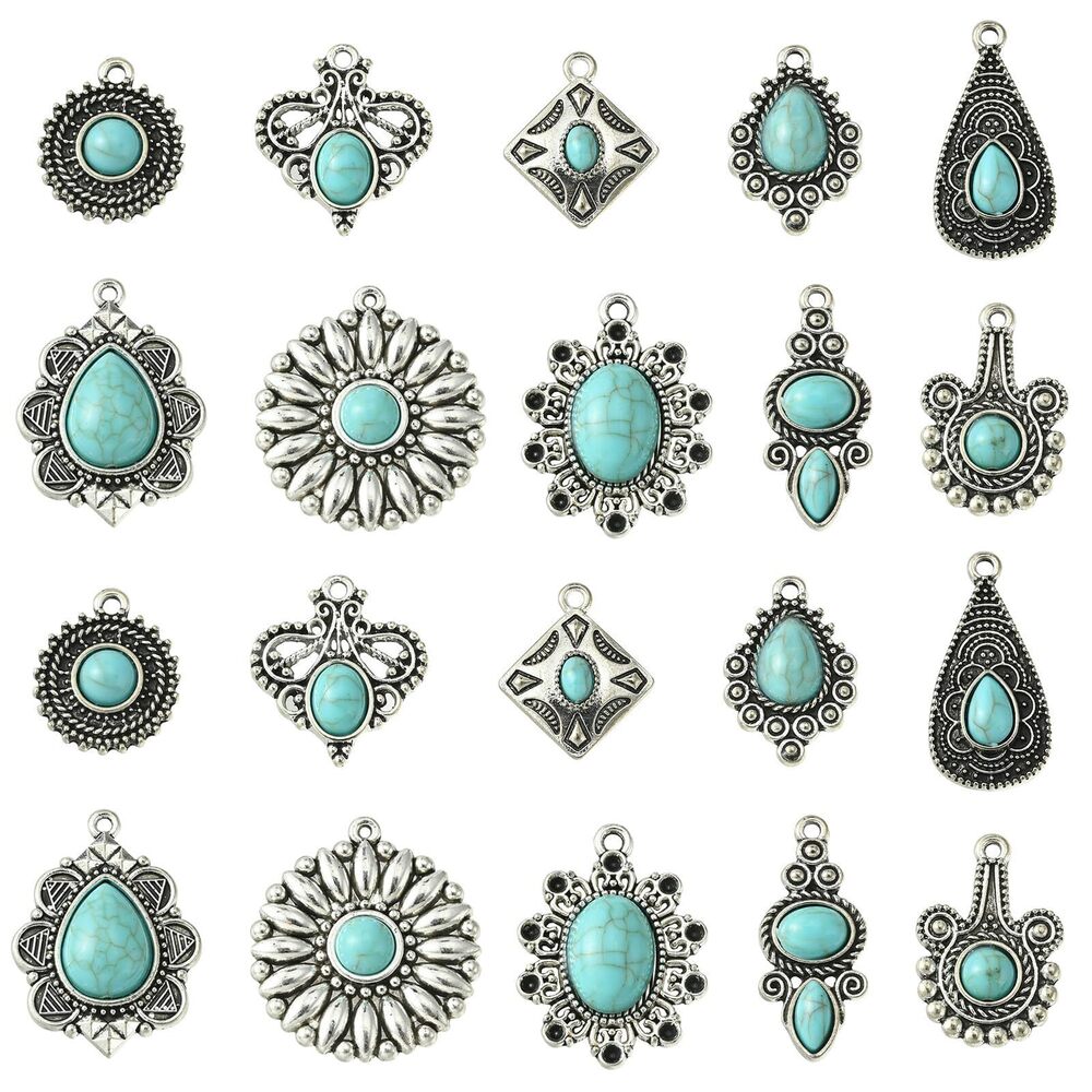7835 20pcs Tibetan Synthetic Turquoise Mixed Styles Tear Drop Flower Charms